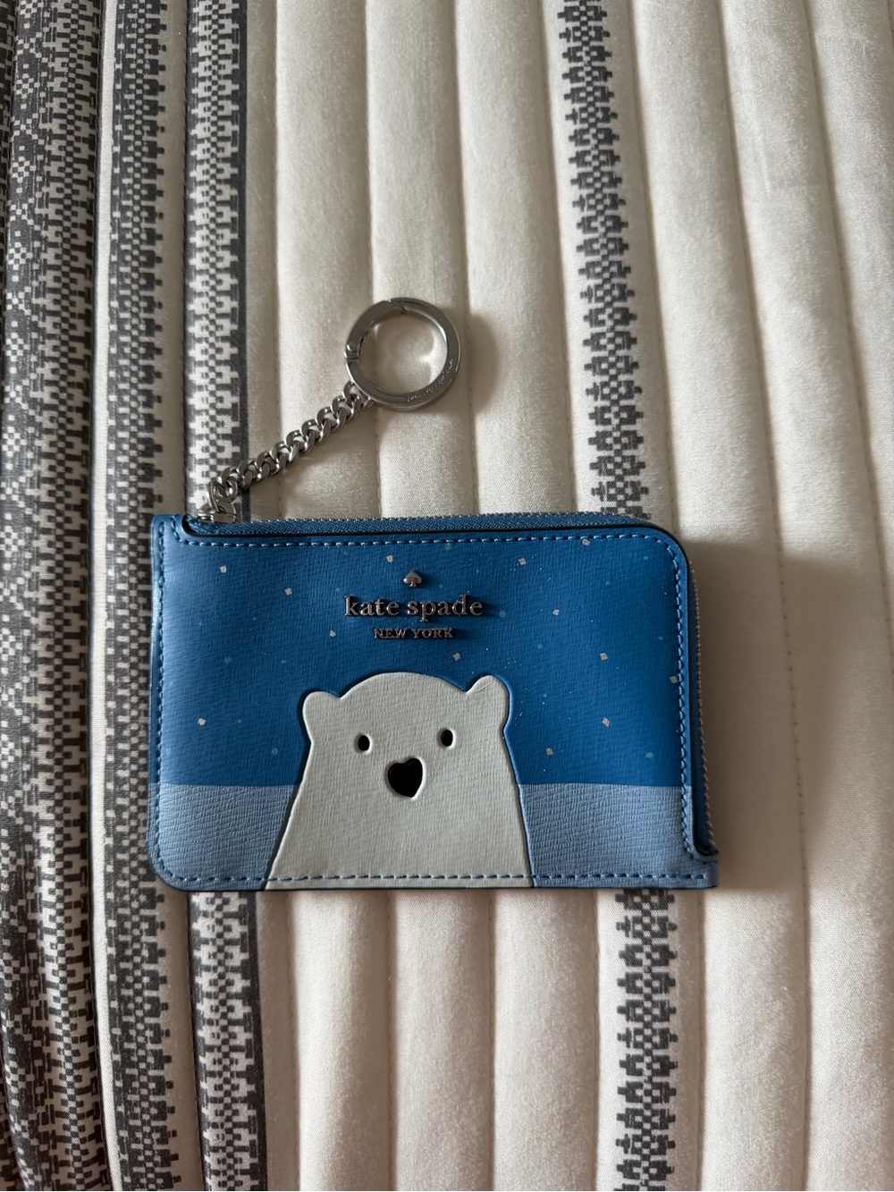 kate spade blue and white polar bear zip cardholder keyring